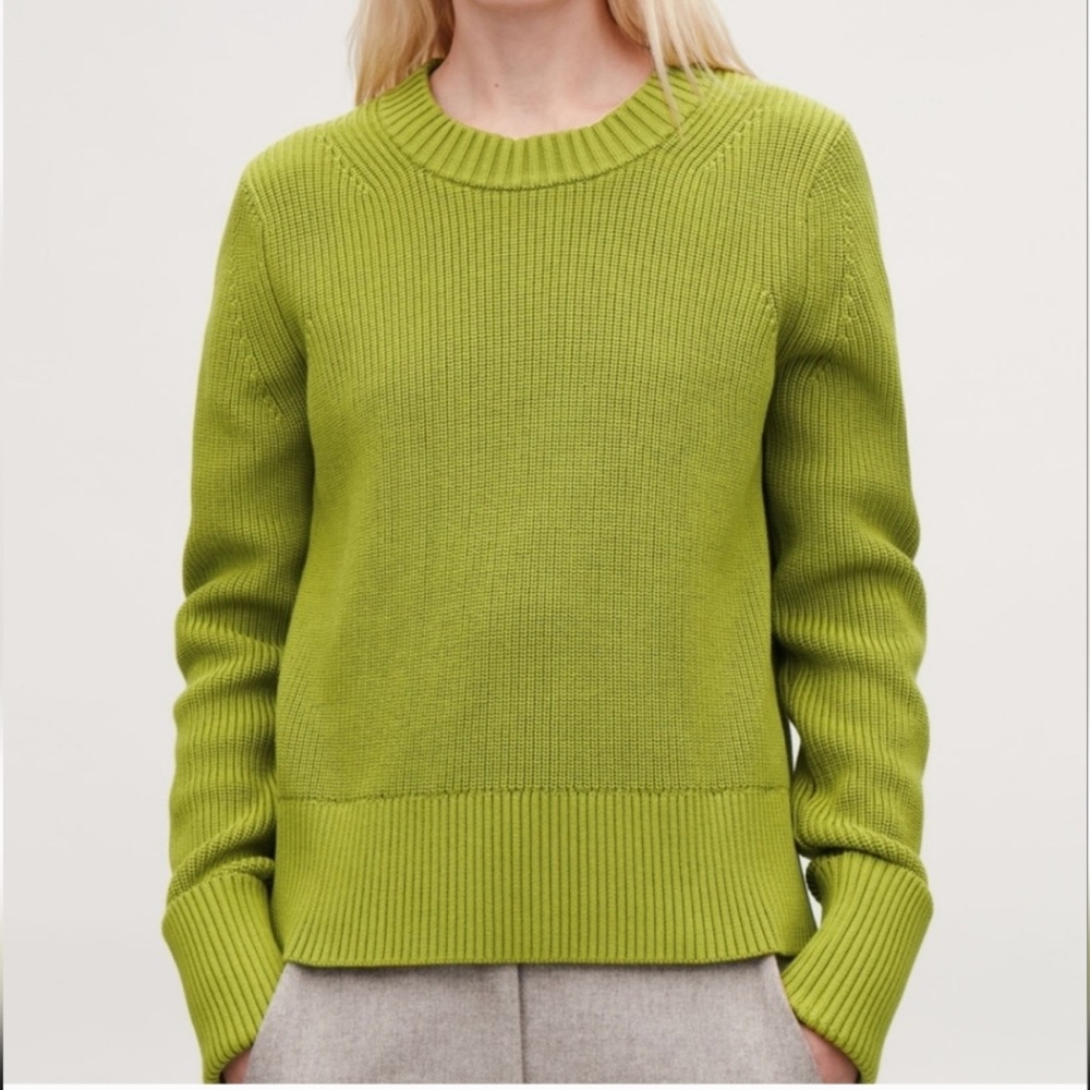 COS - women’s 100% Cotton Ribbed Sweater Green chunky pullover knit size L